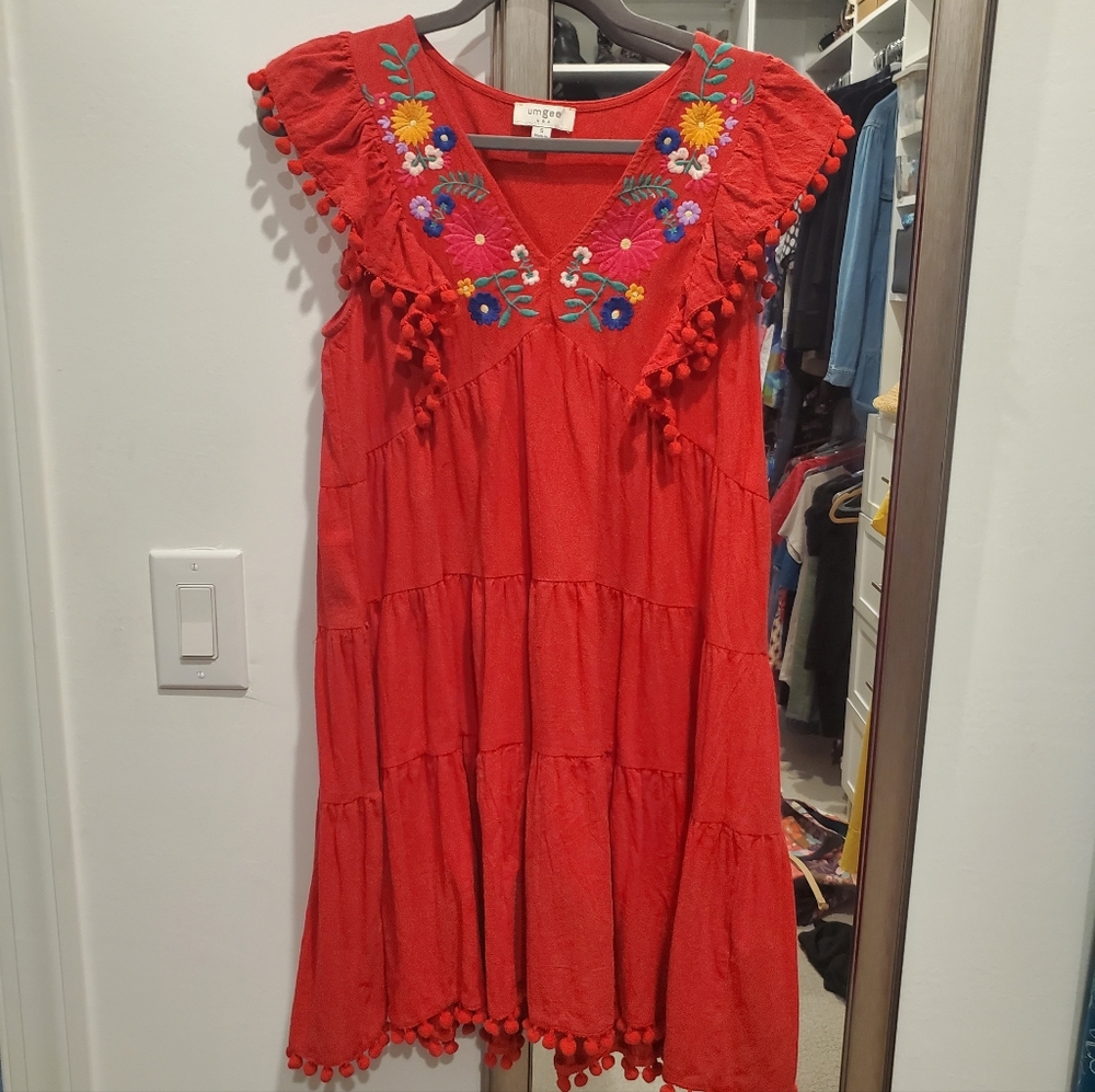 Umgee Red Embroidered Dress, SZ Small--LAST CHANCE UNTIL MAY